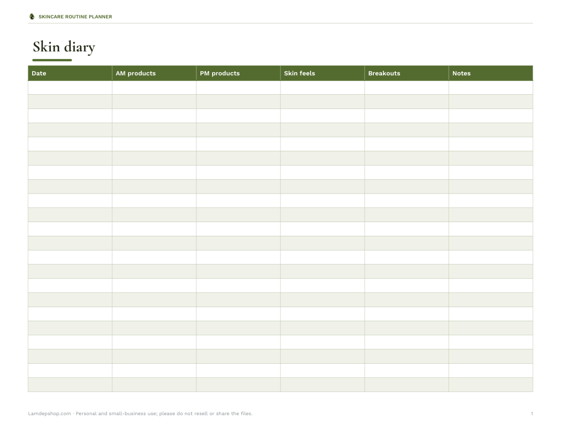 Preview of the first page of Skin diary (XLSX)